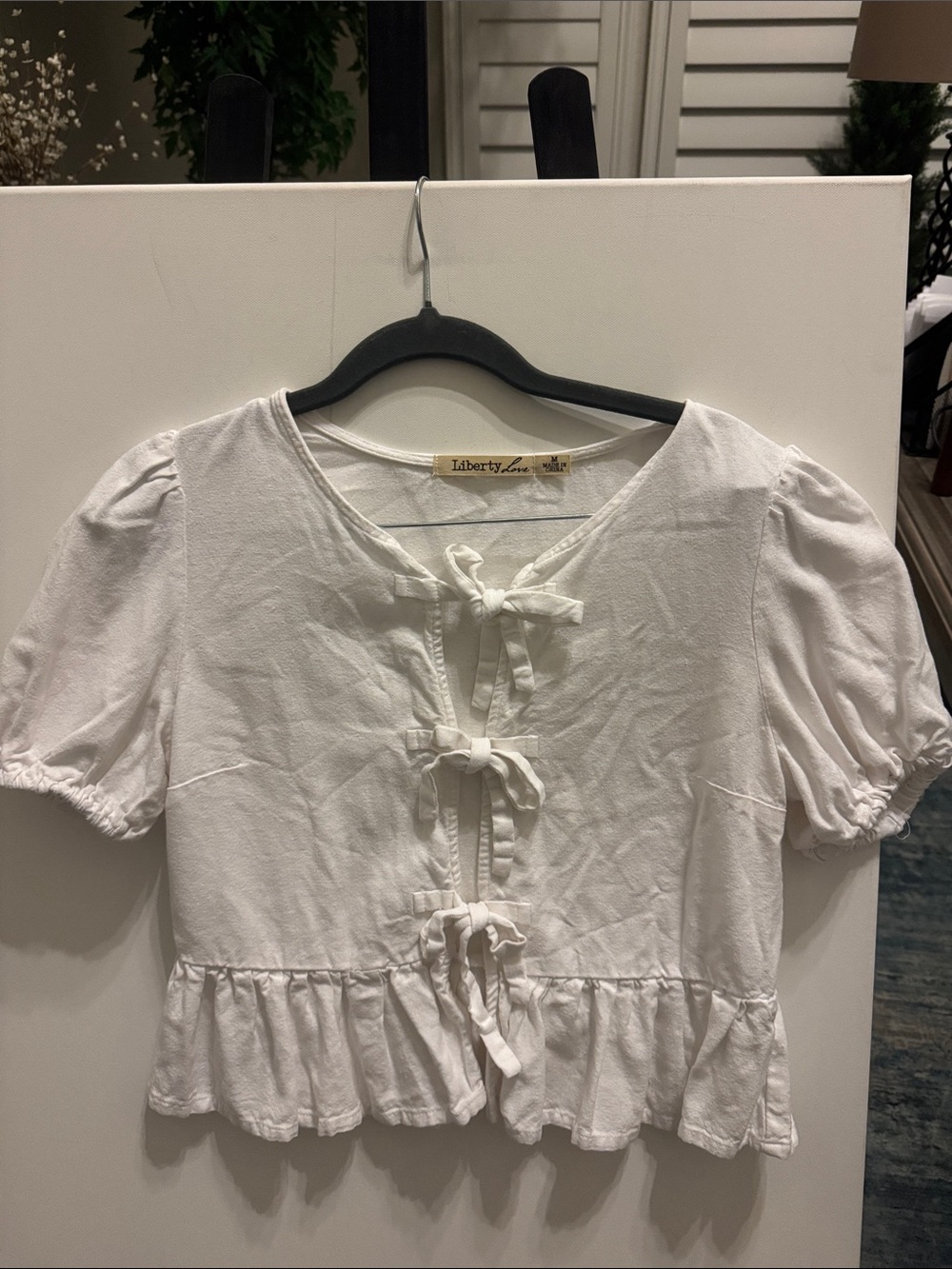 Liberty Love White Tie-Front Ruffle Peplum Top
